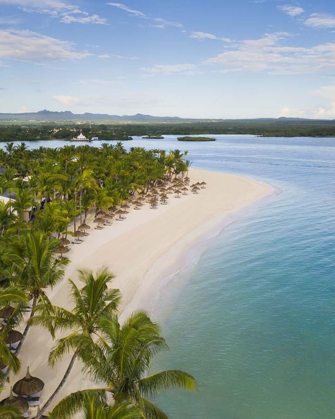 Pam Golding Mauritius campaign creative — palm-lined beach and lagoon
